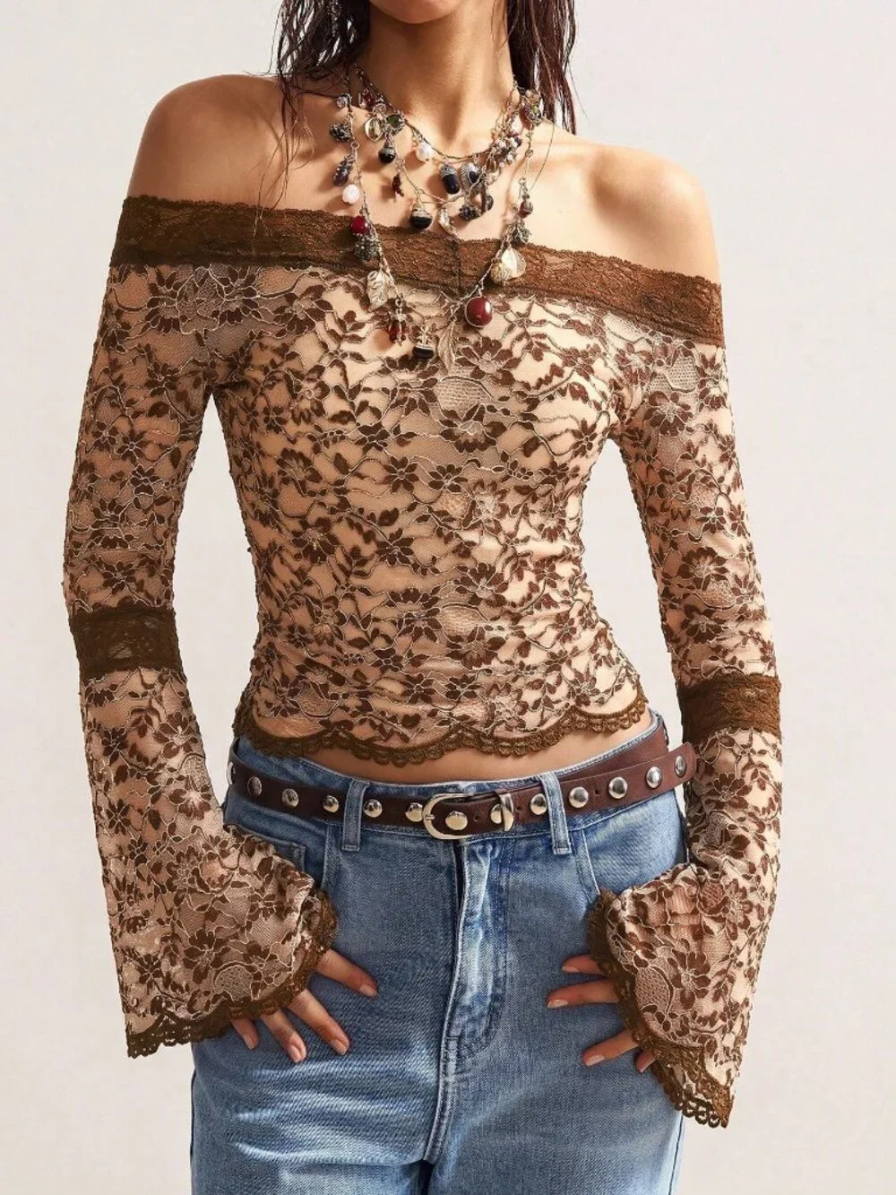 Brown Boho Casual Women's Knit Off-Shoulder Flare Long Sleeve Fitted Top